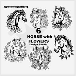 Horse svg, 6 in 1 bundle design, Horse with flowers svg, horse for cricut, horse clipart, - Pefect for cuts, prints, sub