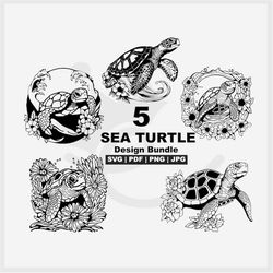 Sea turtle svg with waves and flowers SVG, turtle bundle svg, 5 in 1 Bundle Design - Perfect for Sublimation, Prints, Cu
