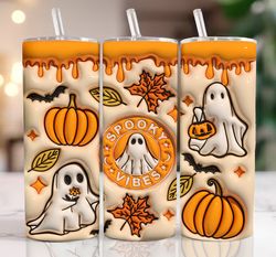 3D Spooky Vibes Inflated Tumbler Wrap PNG, 3D Puff Pumpkin 20oz Tumbler Sublimation, Skinny Tumbler Wrap, 3D Ghost Tumbl