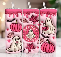 3D Spooky Vibes Inflated Tumbler Wrap PNG, 3D Puff Pumpkin 20oz Tumbler Sublimation, Puffy Pink Halloween,3D Ghost Tumbl