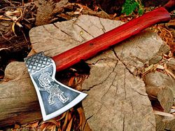 Best Gift For Camping Handmade High Carbon Steel Laser Etched Blade Hatchet Viking Axe With Leather Sheath
