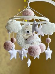 Bear mobile crib, baby girl mobile felt, baby shower gift, pink mobile hanging, Nursery decor, gift for pregnant