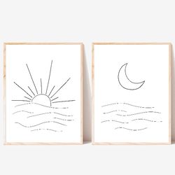 Sun and Moon set of 2 prints, Landscape line wall art, Black and white, Sunset Moon Waves, Doodle art, Digital Download