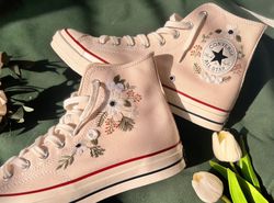 Converse High Tops White Flower Strip,Logo Converse Embroidery,Custom Chuck Taylor 1970s,Gift For Her