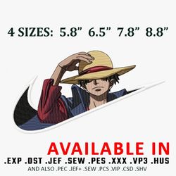 Luffy x Nike Embroidery Design, Anime design, Anime shirt, Embroidered shirt, Anime Embroidery, Digital Download.