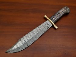 CUSTOM HAND FORGED DAMASCUS BLADE BOWIE HUNTING CAMPING KNIFE WITH LEATHER SHEATH