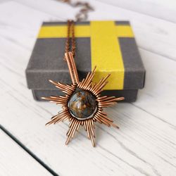Wire wrapped copper pendant with natural Pietersite. Star necklace with Pietersite bead.
