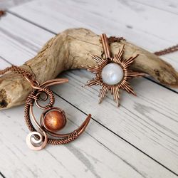 Sun and Moon Necklace set. Wire wrapped copper pendants with Sunstone and Moonstone beads.