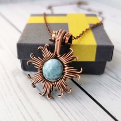 Sun necklace with Larimar bead. Wire wrapped copper pendant with natural Larimar.