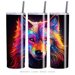 Colorful Neon Wolf 20 oz Skinny Tumbler Sublimation Digital Design Instant Download Design Wolf 20 oz Tumbler Wrap PNG