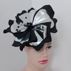 Magic black fascinator Derby hat Black petunia and mirror silver Hair clip Mysterious flower Halloween outfit gothic