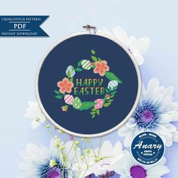 Happy Easter Cross Stitch Pattern Modern Xsitch Holiday Crossstitch Chart Instant Download PDF