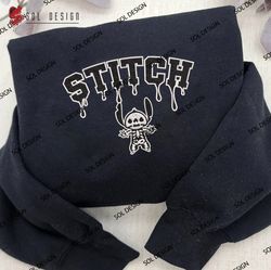 Stitch Skeleton Drop Name Embroidered Crewneck, Stitch Halloween Embroidered Sweater, Halloween Hoodie, Spooky Shirt