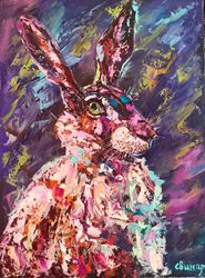 Rabbit Hare North Aurora Borealis Impasto Original Art Oil Painting Artist Svinar Oksana