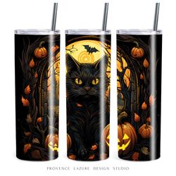 Black Cat Halloween 20 oz Skinny Tumbler Sublimation Digital Design Instant Download DIGITAL ONLY 20 oz Tumbler Wrap PNG