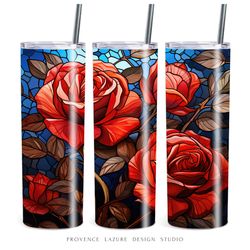 Stained Glass Red Roses 20 oz Skinny Tumbler Sublimation Digital Design Instant Download 20 oz Tumbler Wrap 3D Red Roses