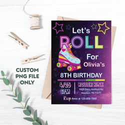 Personalized File Skate Party Birthday Invitation Png, Party Invitation Girl boy Roller Skating Png, Retro Neon,PNG File