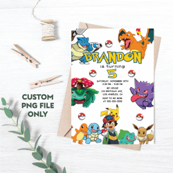 Personalized File Pokemone Birthday Invitation Digital, Pokemon Evite, Printable Download, pikachu invite PNG File