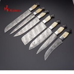 DAMASCUS MULTI USE KITCHEN KNIFE SET OF 7 PCShand forged set handmade outdoor camping kitchen  gift mathergift mk009as