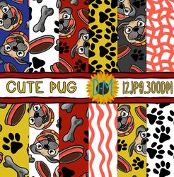 CUTE PUG Seamless Pattern - Dog Digital Papers -  Background