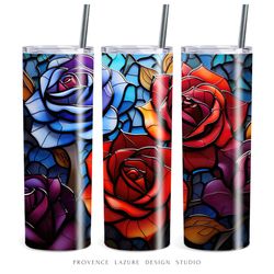 3D Roses Stained Glass 20 oz Skinny Tumbler Sublimation Digital Instant Download 20 oz Tumbler Wrap Roses Floral Design