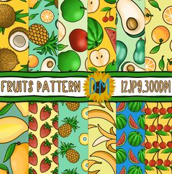 Tropical Fruits and Berries Seamless Pattern - Fruit Digital Papers -  Background