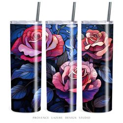 Night Roses Stained Glass 20 oz Skinny Tumbler Sublimation Digital Instant Download 20oz Tumbler Wrap Dark Floral Design