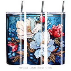Stained Glass White  Flowers 20 oz Skinny Tumbler Sublimation Digital Instant Download 20oz Tumbler Wrap Floral Design