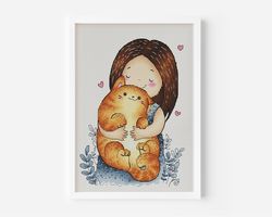 Little Girl Giving a Heartwarming Hug to Her Feline Friend Cross Stitch Pattern PDF, Hand Embroidery Instant Download