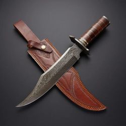 13 Inch Custom Handmade Damascus Steel Hunting-Bowie Knife With Leather Sheath