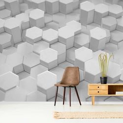 White Geometric Wallpaper 3D Hexagonal Abstract Art Modern