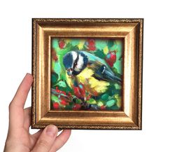 Original bird oil painting framed 4x4, Painting yellow bird on branch, Small painting framed of birds for bird