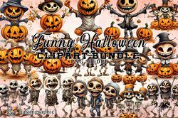 Funny Halloween Skeleton Clipart Bundle, Funny Skull, Halloween Skeleton PNG, Halloween Bundle, instant download