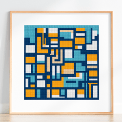 Abstract cross stitch pattern, Geometric cross stitch, Color blocks cross stitch chart, Blue White Yellow colored