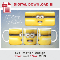 Inspired Minion Template - Funny Minion Face - 3D Inflated Puffy Style - 11oz 15oz MUG - Digital Mug Wrap