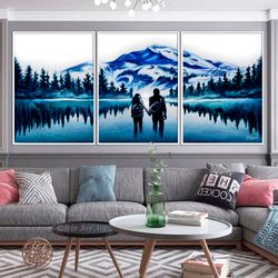 Blue Mountains canvas painting Set of 3 art prints Romantic man woman Pine forest landscape wall art Scandinavian style