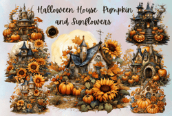 Halloween House pumpkin and Sunflowers Png Clipart, sublimation design, autumn decorations, Halloween scene,