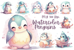 Cute penguin clipart for sublimation, Watercolor penguin PNG design, Soft pastel penguin graphic, penguin illustration