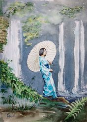 Japanese girl posing near a waterfall with an umbrella
