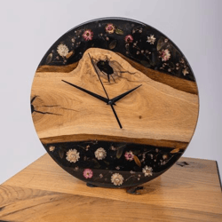 Floral Wood and Epoxy Black Clock - Timeless Beauty for Your Home