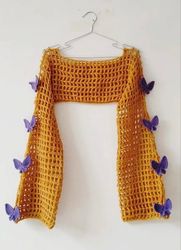 Yellow Butterflies Crochet Top, Butterflies Crochet Sweater, Crochet yellow Cropped top With butterflies