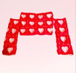 Crochet Crop top With hearts , Strapless Red Top, Rainbow top, Crochet top with hearts, Red Crocheted Top,