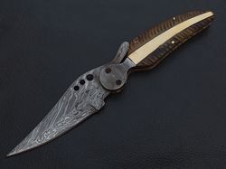 DAMASCUS STEEL CUSTOM MADE POCKET FOLDING KNIFE BONE HANDLE