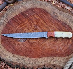 Hand Forged Damascus Fillet Knife For Fishing With Leather Sheath Cream and Red Combination PAKKA WOOD
