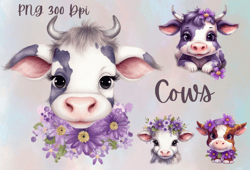 Cow clipart,Cute Cow,Cute Animal with flowers,PNG format instant download for commercial use