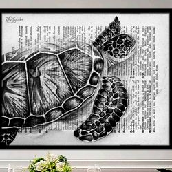 Black white abstract sea turtle art print Canvas ocean animal painting Loft mens decor Dictionary book page wall art
