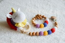Rainbow unicorn crochet rattle, unicorn gift set or baby box for newborn and unicorn baby shower gift