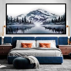 Black white cold gray mountains wall art Abstract panoramic Forest landscape Nature canvas painting Modern home neurtal
