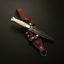 CUSTOM HANDMADE DAMASCUS STEEL DAGGER HUNTING KNIFE WITH LEATHER SHEATH