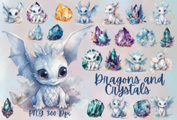 Watercolor Dragons and crystals PNG clipart,Mythical creatures and gemstone clipart, dragons png,crystals png